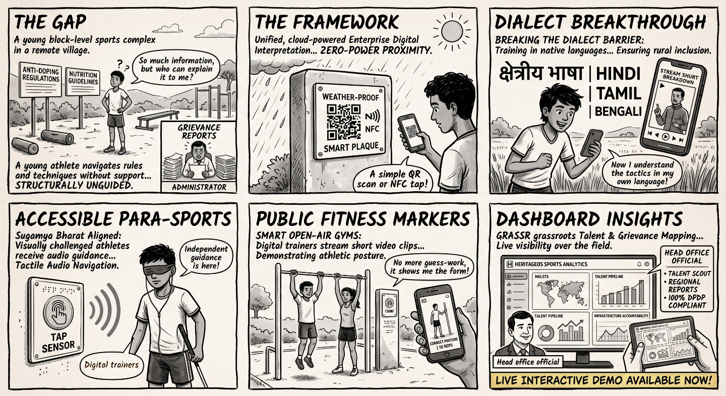 Hand-drawn comic panel illustrating the HeritageOS sports framework features including language curation, accessibility, and dashboard insights.